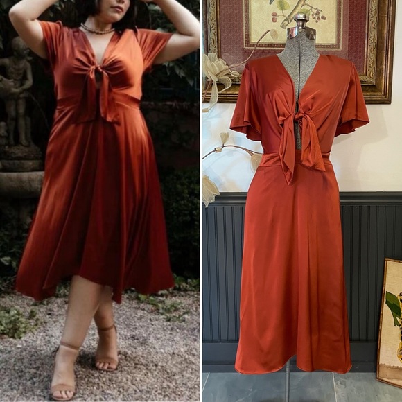 NWT Baltic Born Poppy Satin Midi Tie Front Cutout Rust  Dress - Sz 3XL 🧡🎀 - Picture 1 of 11